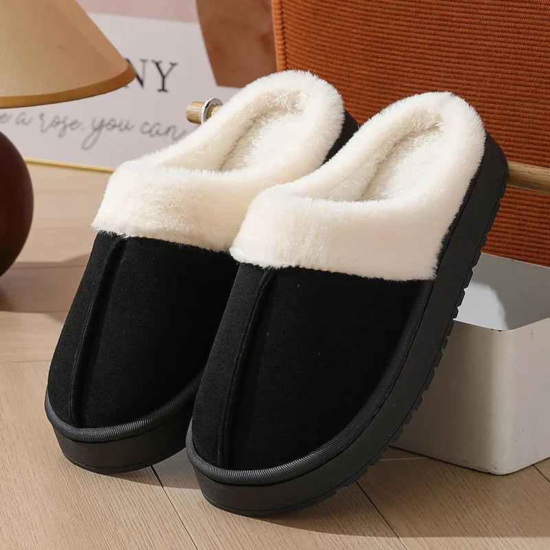 Women S Plush Slippers Winter Outdoor Thick Sole Non-Slip Fur Flip Flops Collar Warm Unisex House