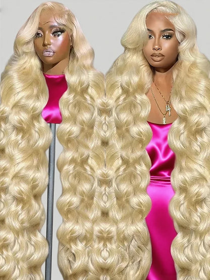 42 Inches 613 Honey Blonde 13x6 Hd Transparen Body Wave Lace Frontal Human Hair Wig Colored Front