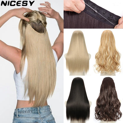 No Clips Natural Hair Extension Synthatic Artificial Long Straight Hairpiece Blonde Black Mixed
