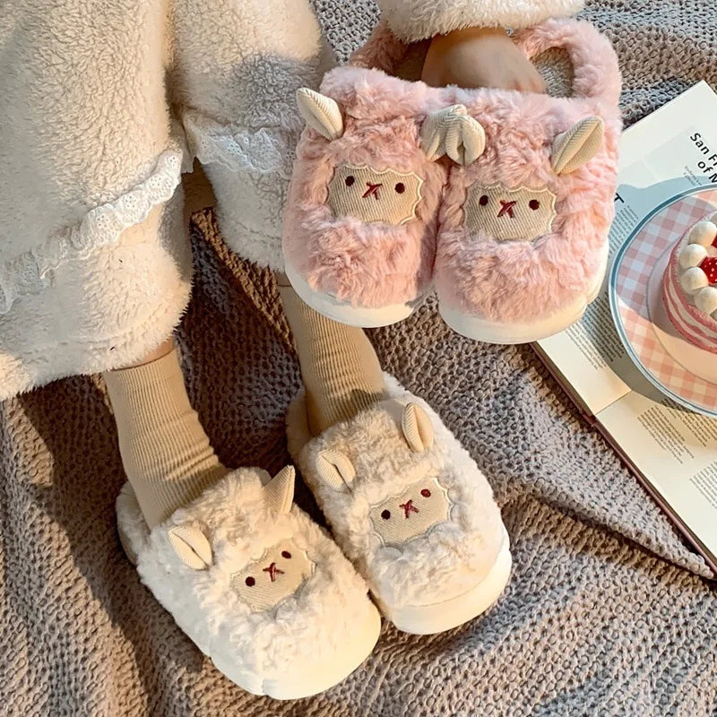Winter Cartoon Plush Slippers Warm Fluffy Faux Fur Sheep Design Indoor Home Couple Cotton Men Women