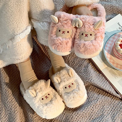 Winter Cartoon Plush Slippers Warm Fluffy Faux Fur Sheep Design Indoor Home Couple Cotton Men Women