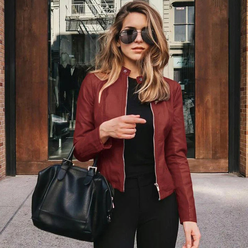 Women's PU Leather Biker Jacket – Slim Fit Short Zip-Up Coat