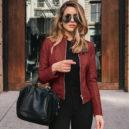 Women's PU Leather Biker Jacket – Slim Fit Short Zip-Up Coat