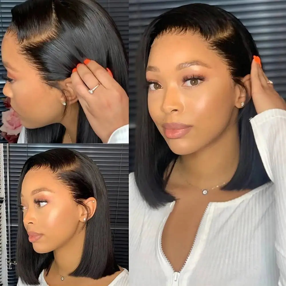 220 Density Bob Wigs Straight Human Hair Lace Front 13x4 Brazilian Remy Pre-Plucked 16 Inch