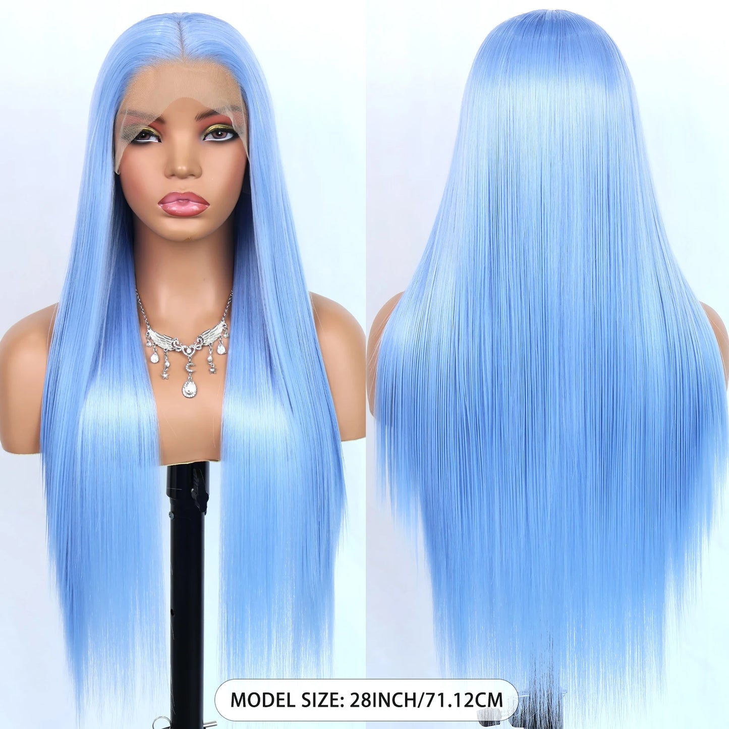 Blue Lace Front Synthetic Wig – Long Straight, 28 Inch, 180% Density