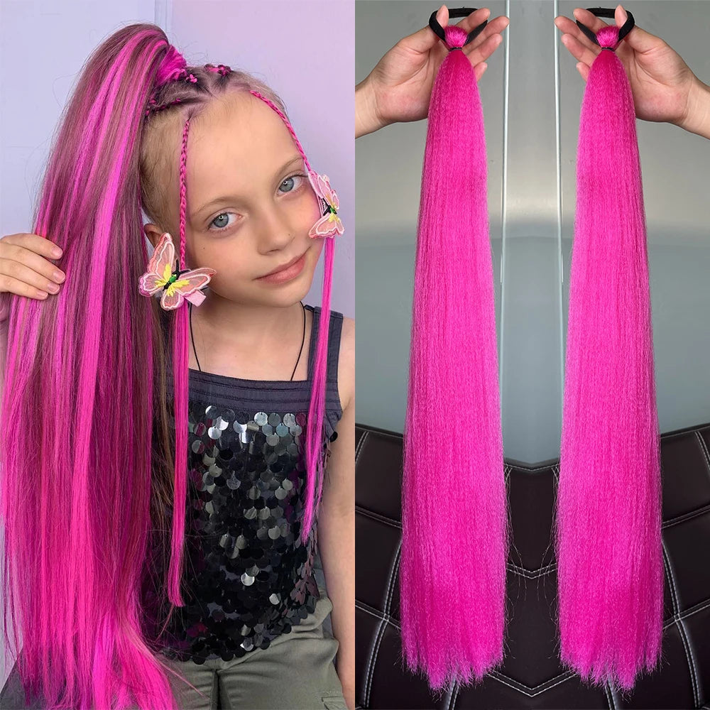 Synthetic Colorful Ponytail Extension 2pcs Long Straight Diy Braided Pony Tail Hairpiece Rubber Band
