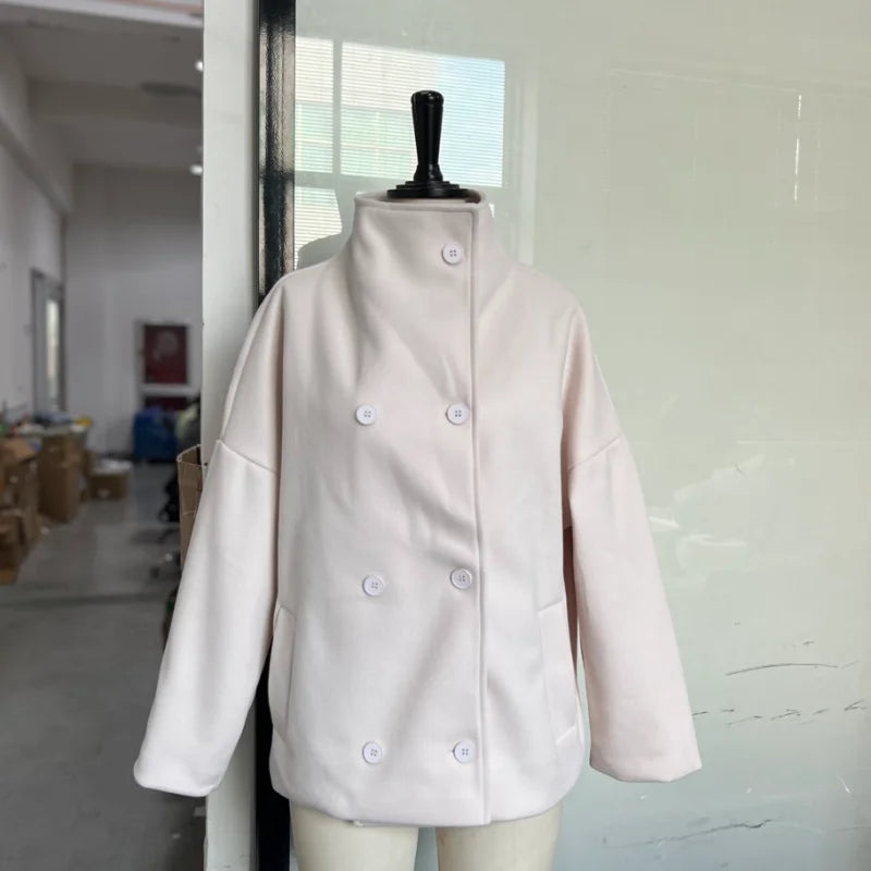Women's Short Woolen Coat – Stand Collar Zip Jacket