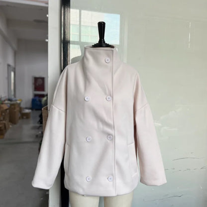 Women's Short Woolen Coat – Stand Collar Zip Jacket