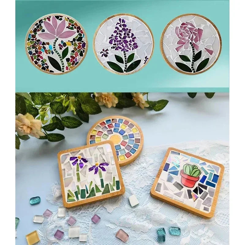 DIY Mosaic Coaster Kit – Handmade Bamboo Cup Mat with Glass Tiles