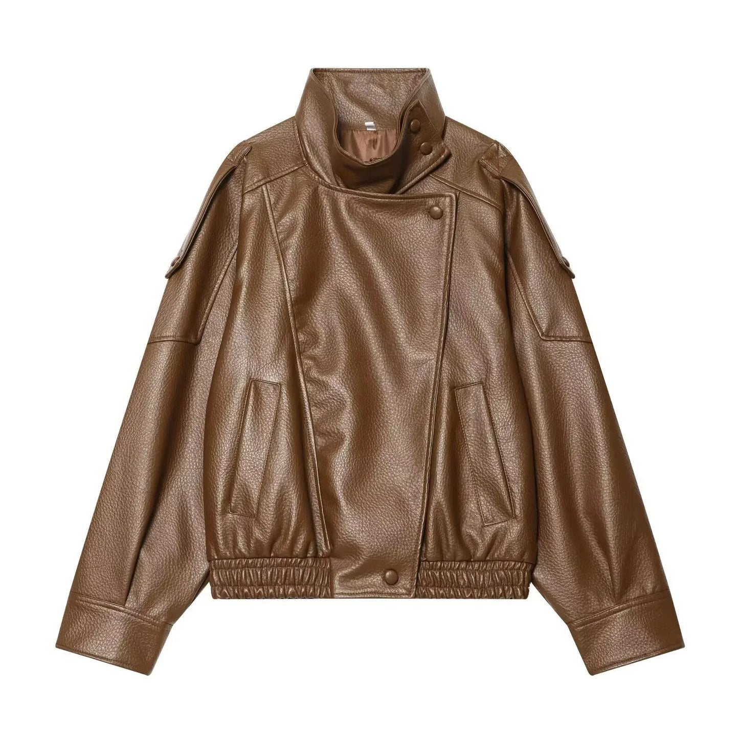 Women's Oversized Faux Leather Jacket – Long Sleeve Button Coat