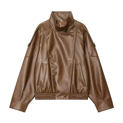 Women's Oversized Faux Leather Jacket – Long Sleeve Button Coat