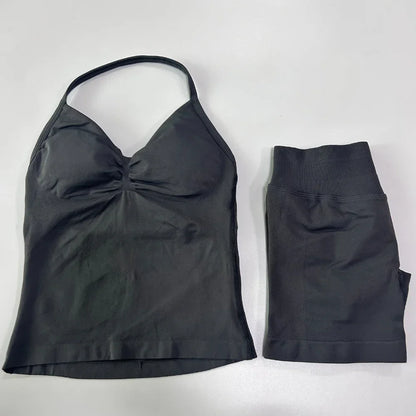 Women's 2-Piece Seamless Workout Set – Backless Tank Top & Scrunch Shorts