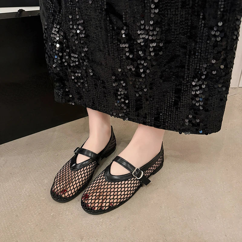 Women's Mesh Mary Jane Flats – Breathable Buckle Strap Shoes