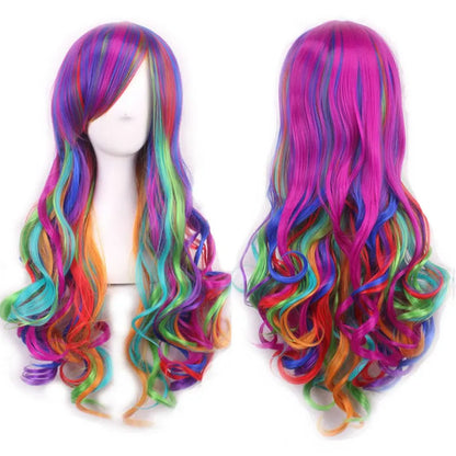 Soowee Synthetic Hair Ombre Rainbow Cosplay Wig Bangs Red Yellow Purple Green Blue Wigs Black Women