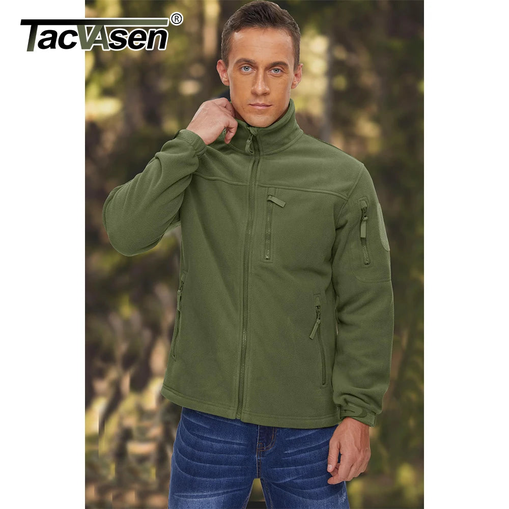 Men's Fleece Jacket Full-Zip Windproof Tactical Coat Multi-Pocket