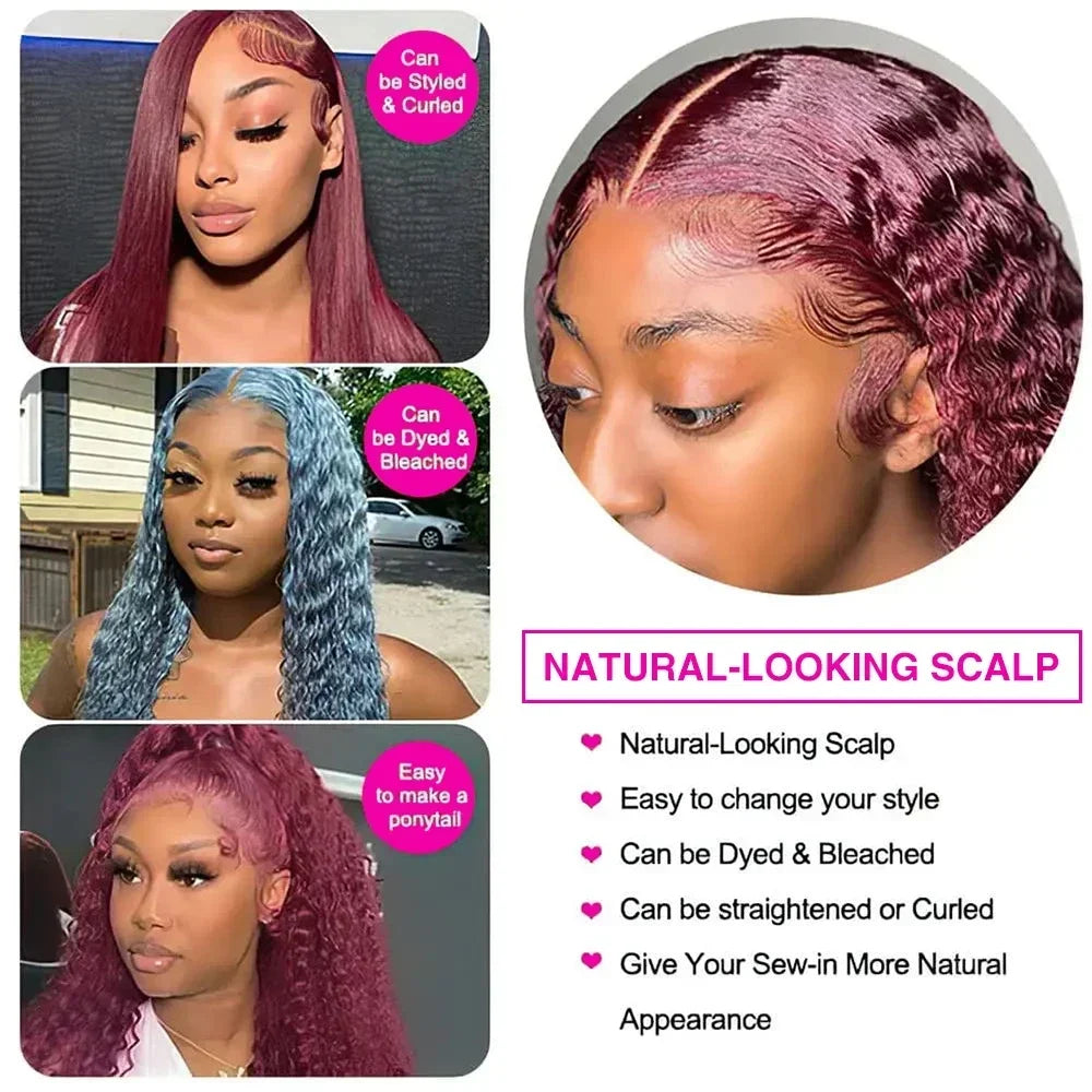 Hd Transparent Lace 200 Density 13x4 13x6 Full Frontal 99j Burgundy Preplucked Colored Deep Wave