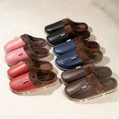 Pu Leather Plus Size Women S Slippers Indoor Waterproof Fur Flat Shoes Men Winter Home Cotton