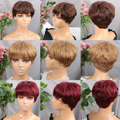 Brown Short Pixie Cut Wig Human Hair Black Women Machine Made Wigs Bangs Colored Brazilian