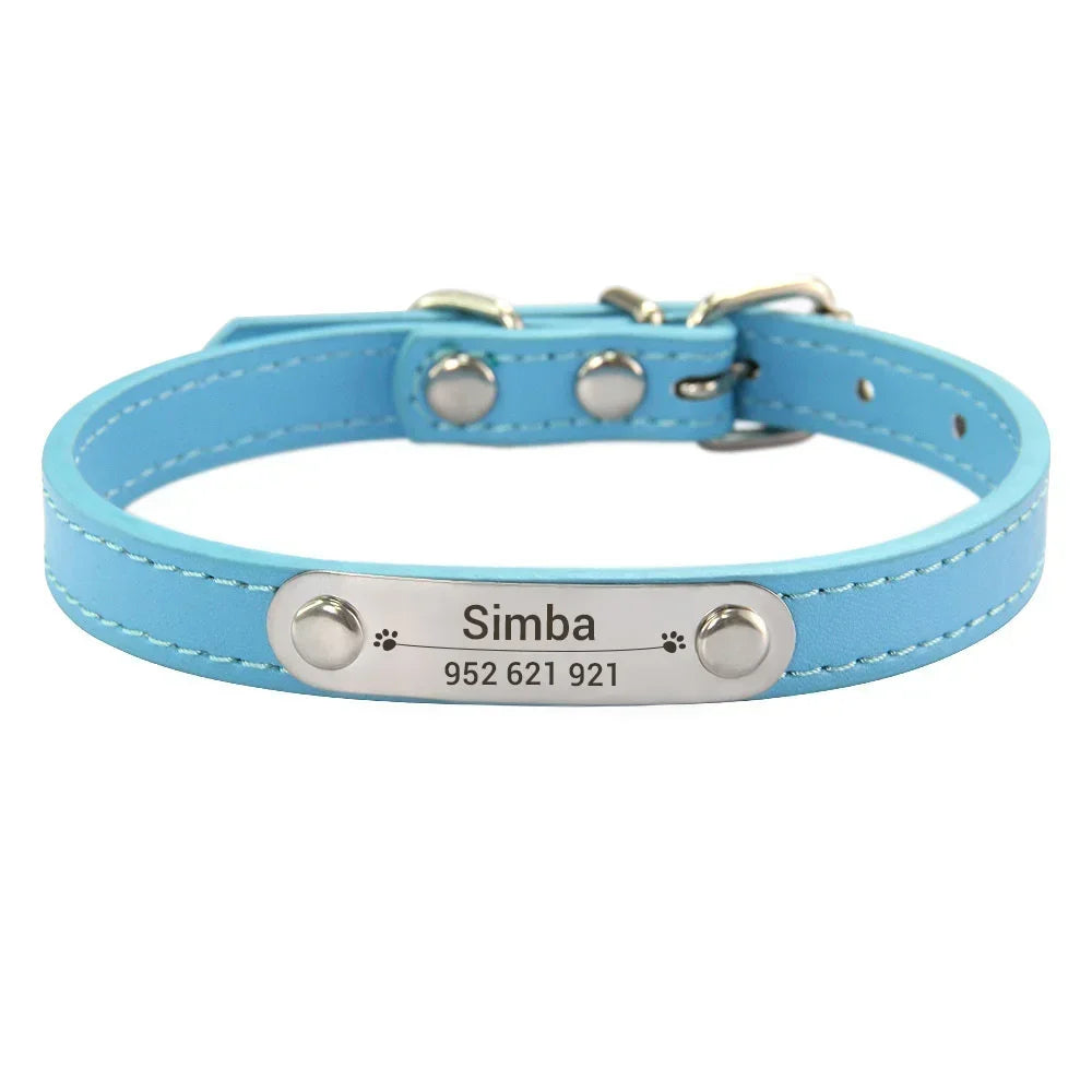 Personalized Dog Collar with Engraved ID Nameplate – PU Leather