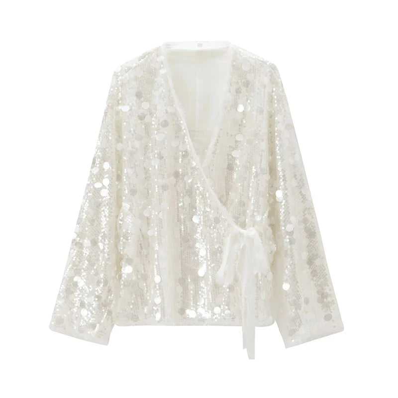 Women's Sequin Kimono Jacket – Long Sleeve Wrap Coat