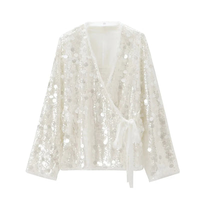 Women's Sequin Kimono Jacket – Long Sleeve Wrap Coat
