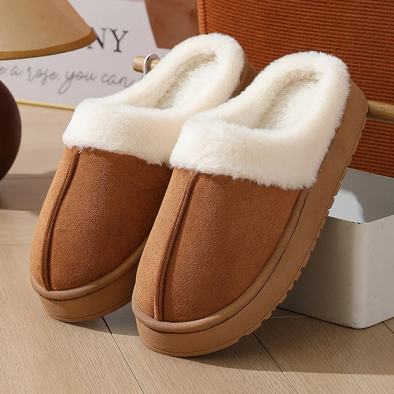 Women S Plush Slippers Winter Outdoor Thick Sole Non-Slip Fur Flip Flops Collar Warm Unisex House
