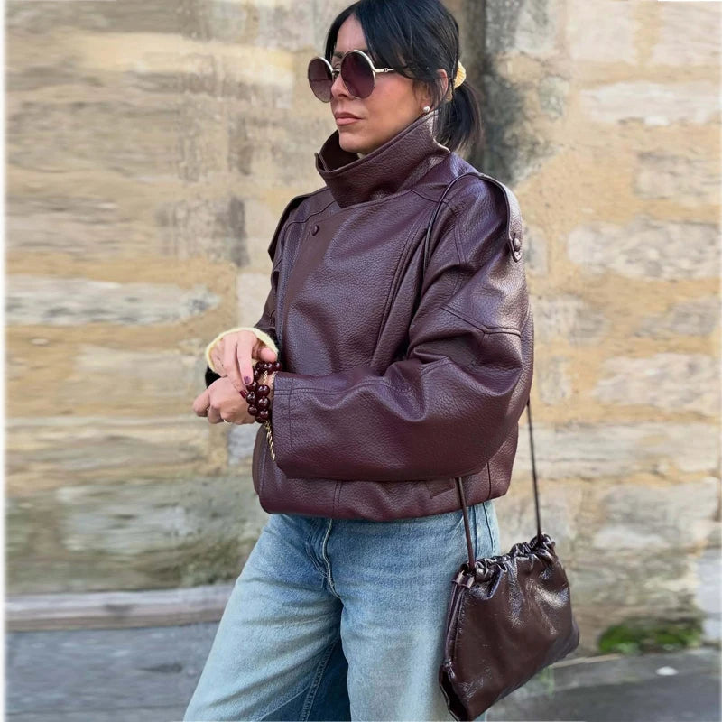 Oversized Faux Leather Bomber Jacket for Women