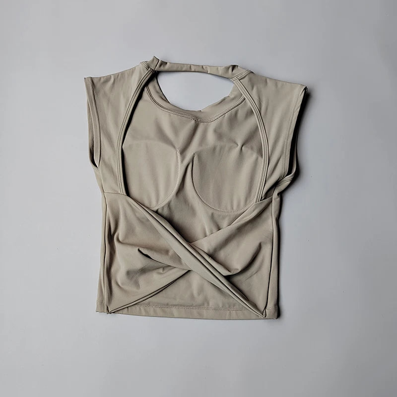 Women's Backless Yoga Crop Top – Built-In Chest Pad Sports Tee