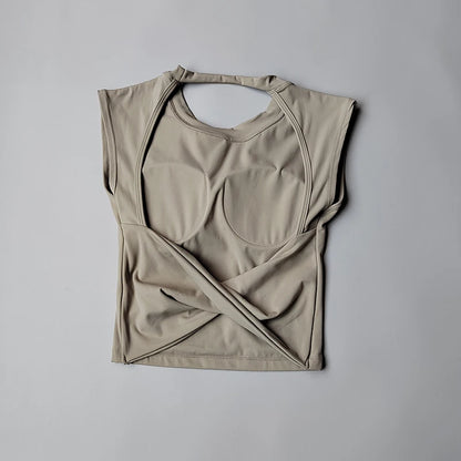 Women's Backless Yoga Crop Top – Built-In Chest Pad Sports Tee
