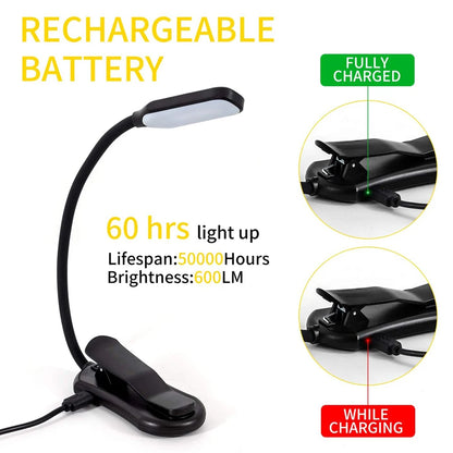 7 Led Book Light Usb Rechargeable Reading 3-Level Warm Cool White Daylight Portable Flexible Easy