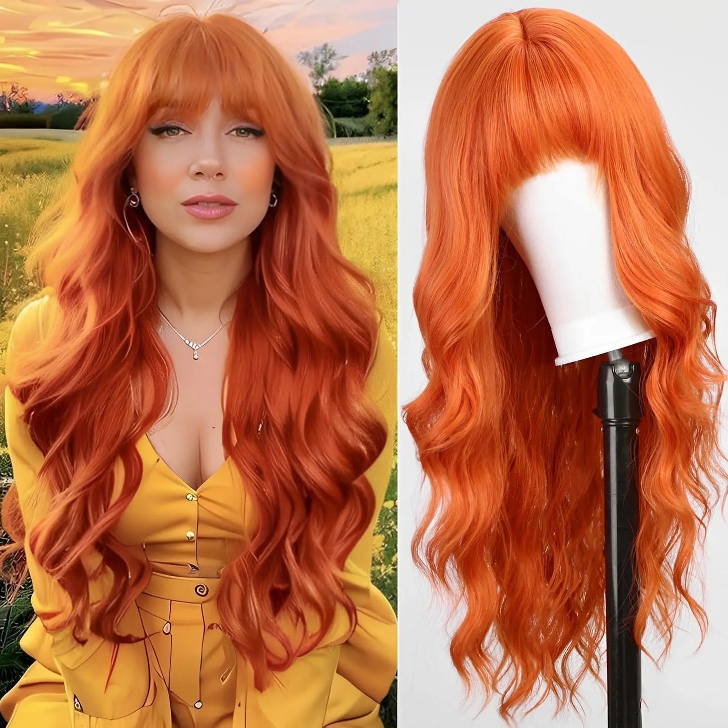 Long Wavy Synthetic Wig with Bangs – Heat Resistant Fiber