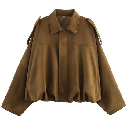 Women's Cropped Suede Bomber Jacket – Lapel Zip Racing Coat