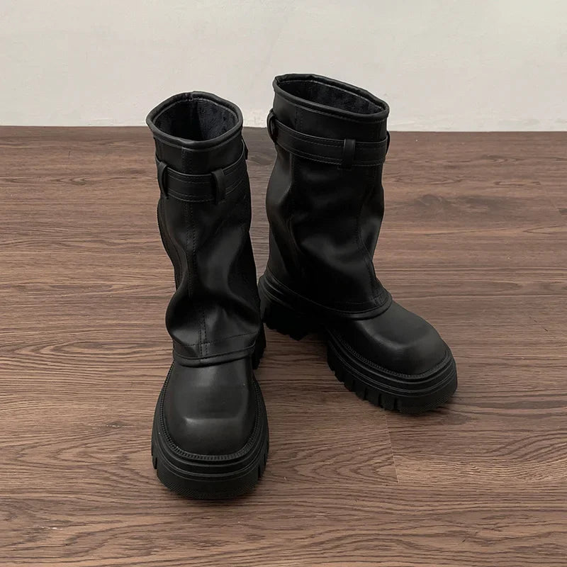 Women's Platform Biker Boots – Buckle Strap Mid-Calf Booties