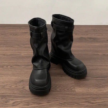 Women's Platform Biker Boots – Buckle Strap Mid-Calf Booties