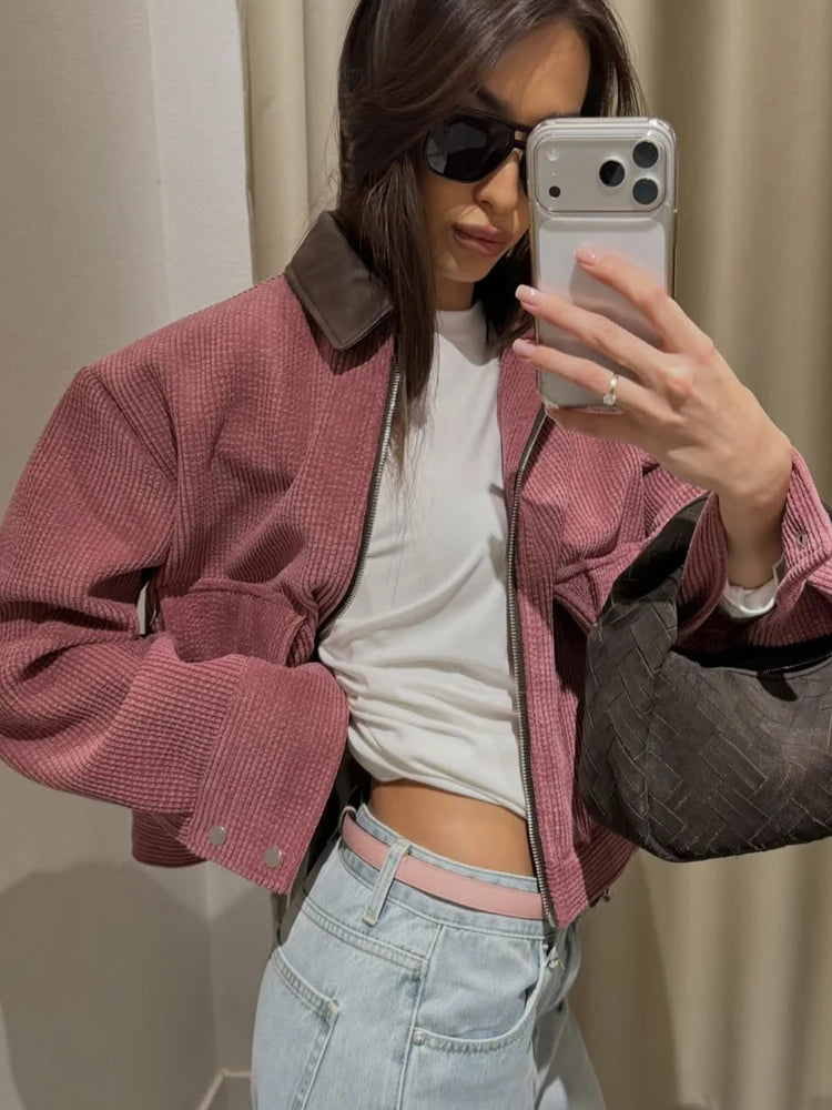 Women's Casual Corduroy Zip-Up Jacket with Pockets