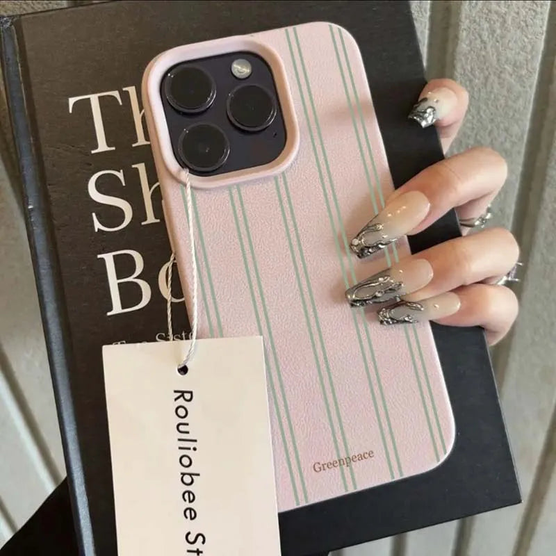 Green Stripe Lichee Pattern Phone Case Iphone 17 16 15 14 13 12 11 Pro Max Xs X Xr Plus 16e