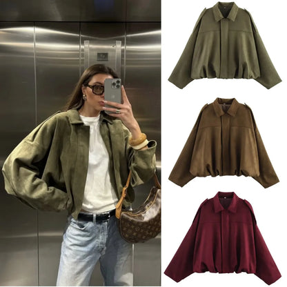 Women's Oversized Suede Texture Bomber Jacket