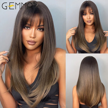 Gemma Ombre Brown Blonde Long Straight Synthetic Wigs Bangs Cosplay Wig Women Temperature Natural