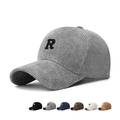 Corduroy Baseball Cap with 3D R Letter Embroidery – Adjustable Unisex Hat
