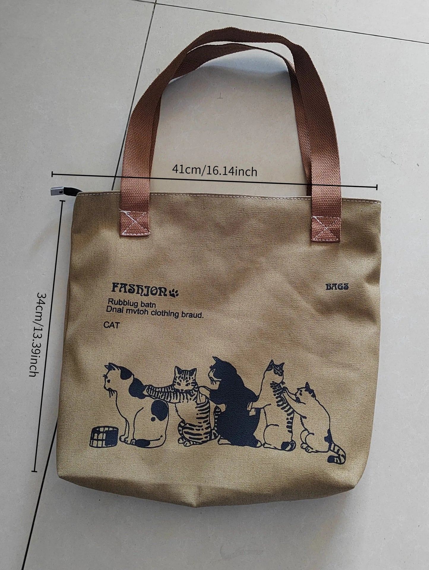 Canvas Tote Bag for Women – Large Cute Cat Print with Zipper