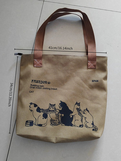 Canvas Tote Bag for Women – Large Cute Cat Print with Zipper