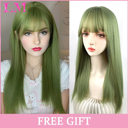 Lm Cosplay Wig Bangs Synthetic Straight Hair 24 Inch Long Heat-Resistant Pink Women