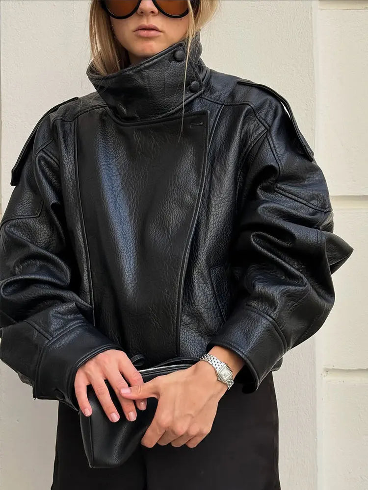 Women's Oversized Faux Leather Moto Jacket