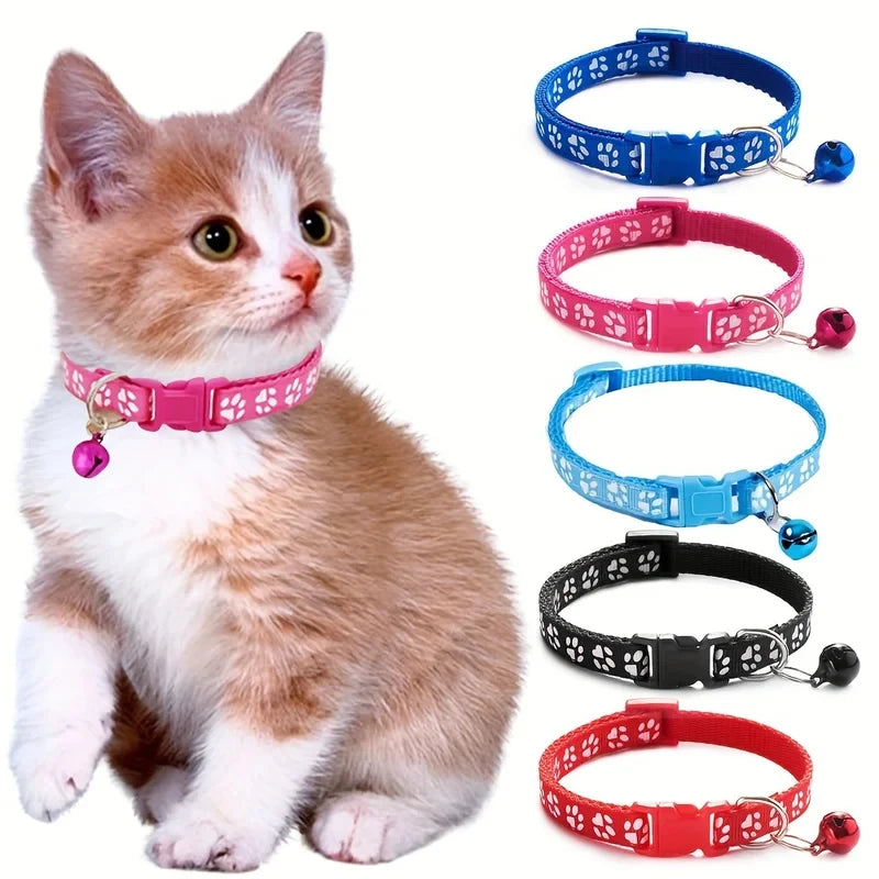 Adjustable Cat Collar with Bell – Cute Paw Print Kitten Necklace