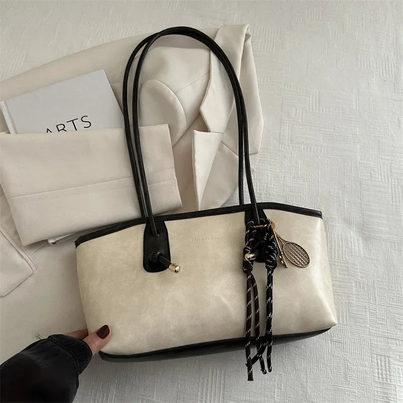 Large Capacity Tote Bag – Retro Leather Shoulder Handbag with Charm Pendant