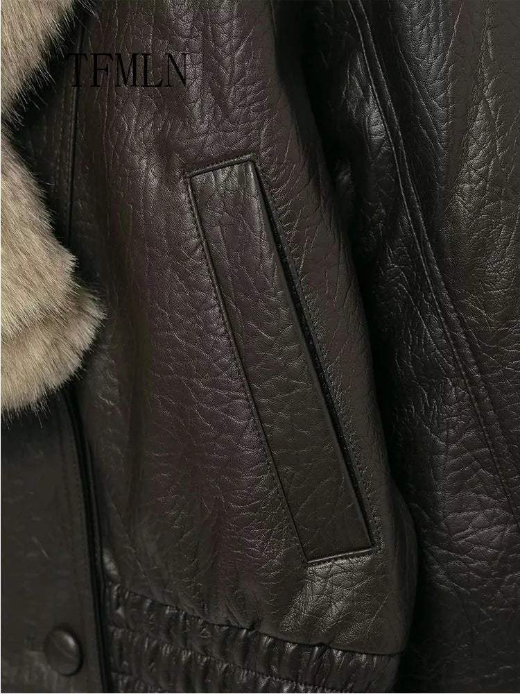 Faux Leather Jacket Women – Oversized Winter Coat with Detachable Fur Collar