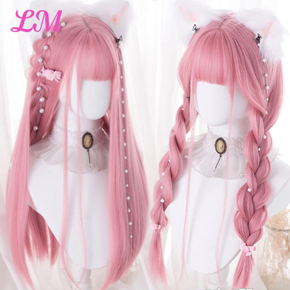 Lm Cosplay Wig Bangs Synthetic Straight Hair 24 Inch Long Heat-Resistant Pink Women