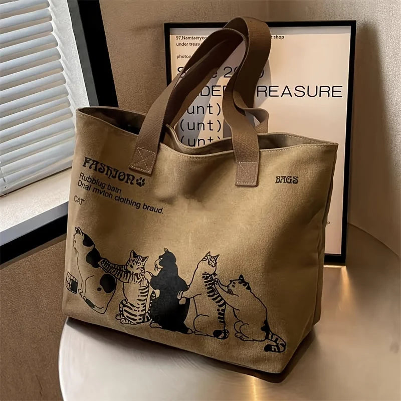 Canvas Tote Bag for Women – Cute Cat Print Shoulder Bag with Zipper