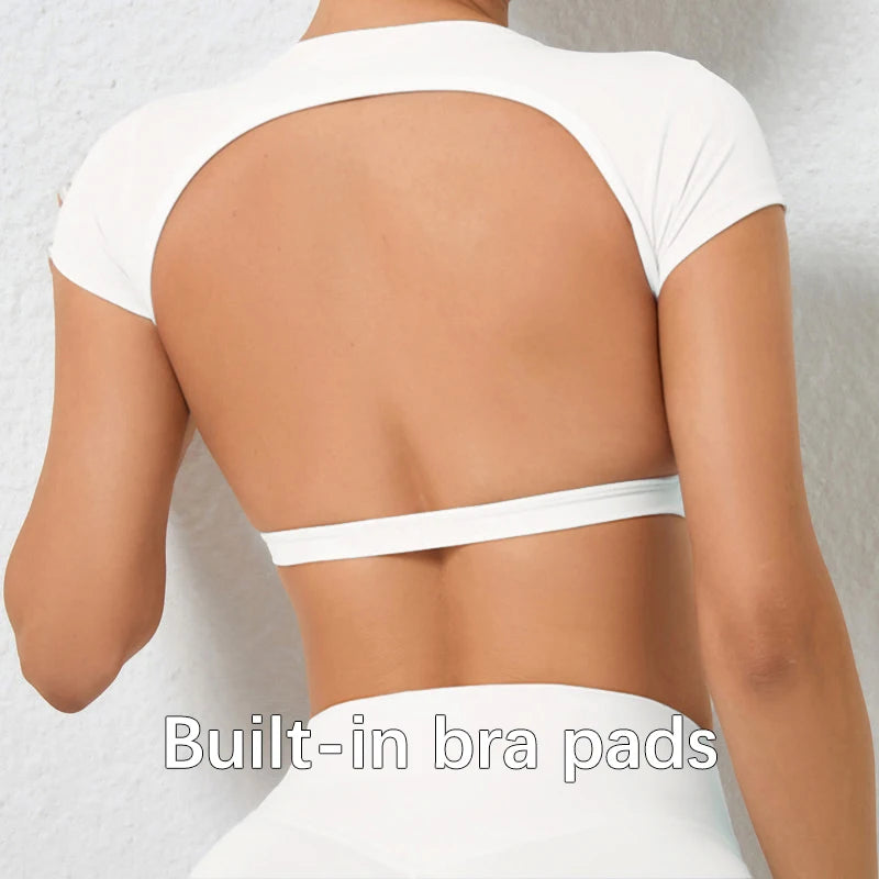 Women's Crop Top Sports Shirt with Built-In Chest Pads