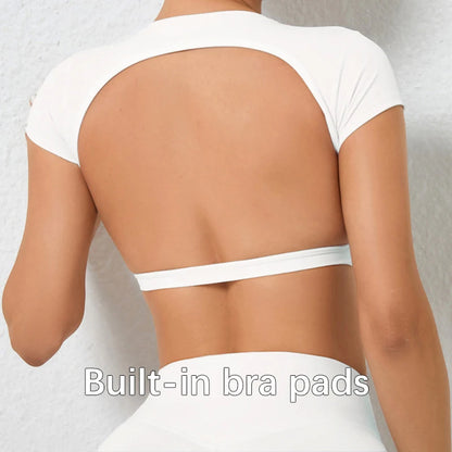 Women's Crop Top Sports Shirt with Built-In Chest Pads